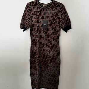 NWT Fendi Brown and Black Monogram Print Midi Dress